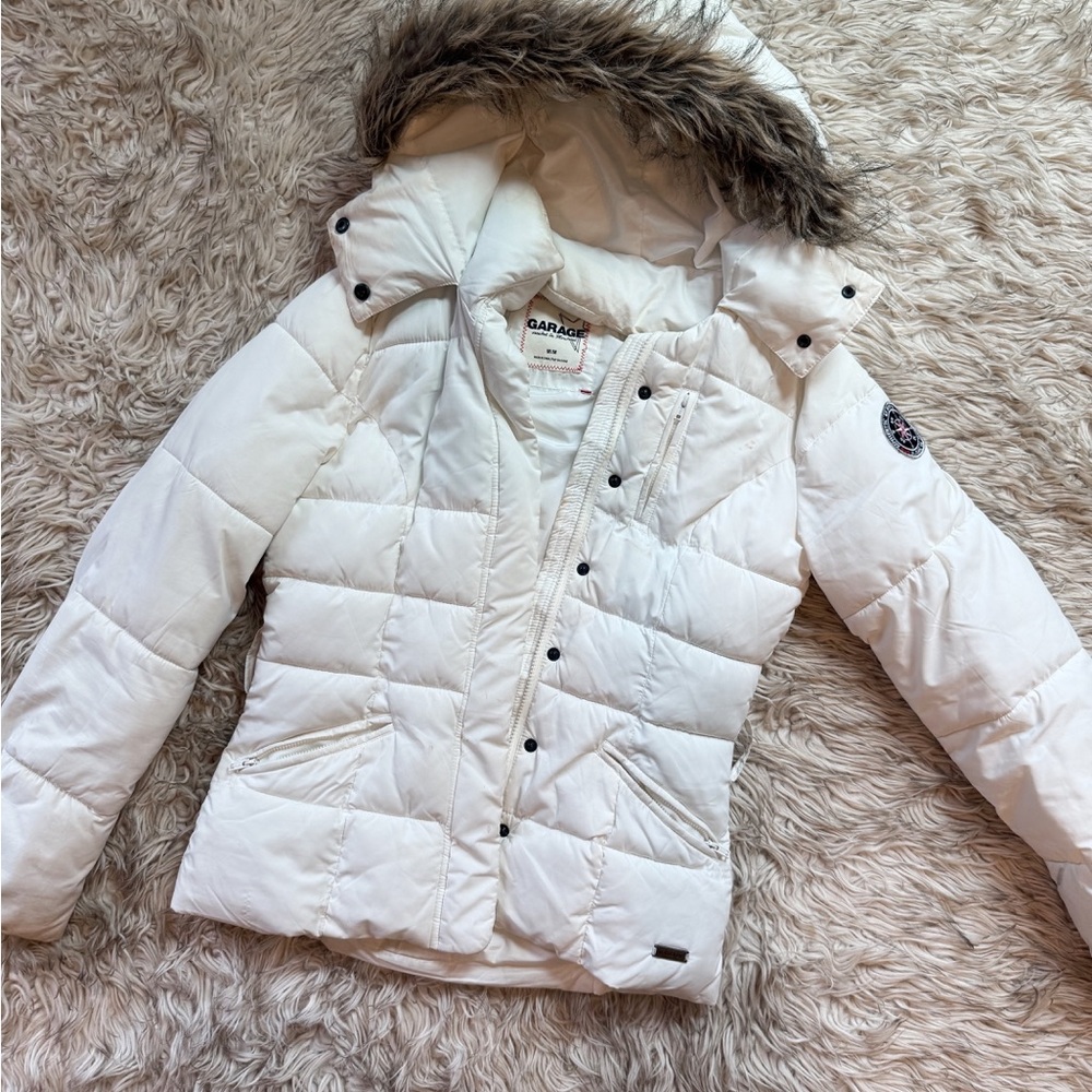 Garage White Quilted Puffer Jacket with Faux Fur-Trimmed Hood